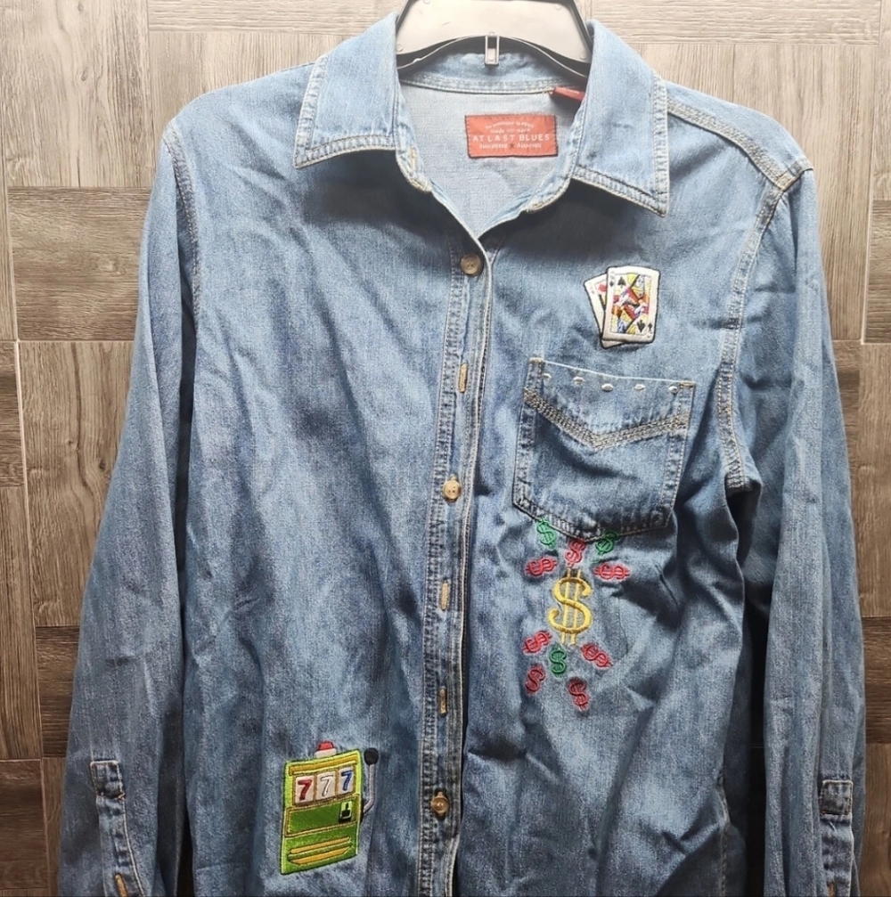 Atlast Blues Denim Button Down Long Sleeve Shirt - Casino - 777 Jackpot